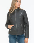 Snobbish Faux Leather Zip Up Mock Neck Jacket