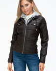 YMI Removable Faux Layered Multi-Pocket Jacket with Fuzzy Hood