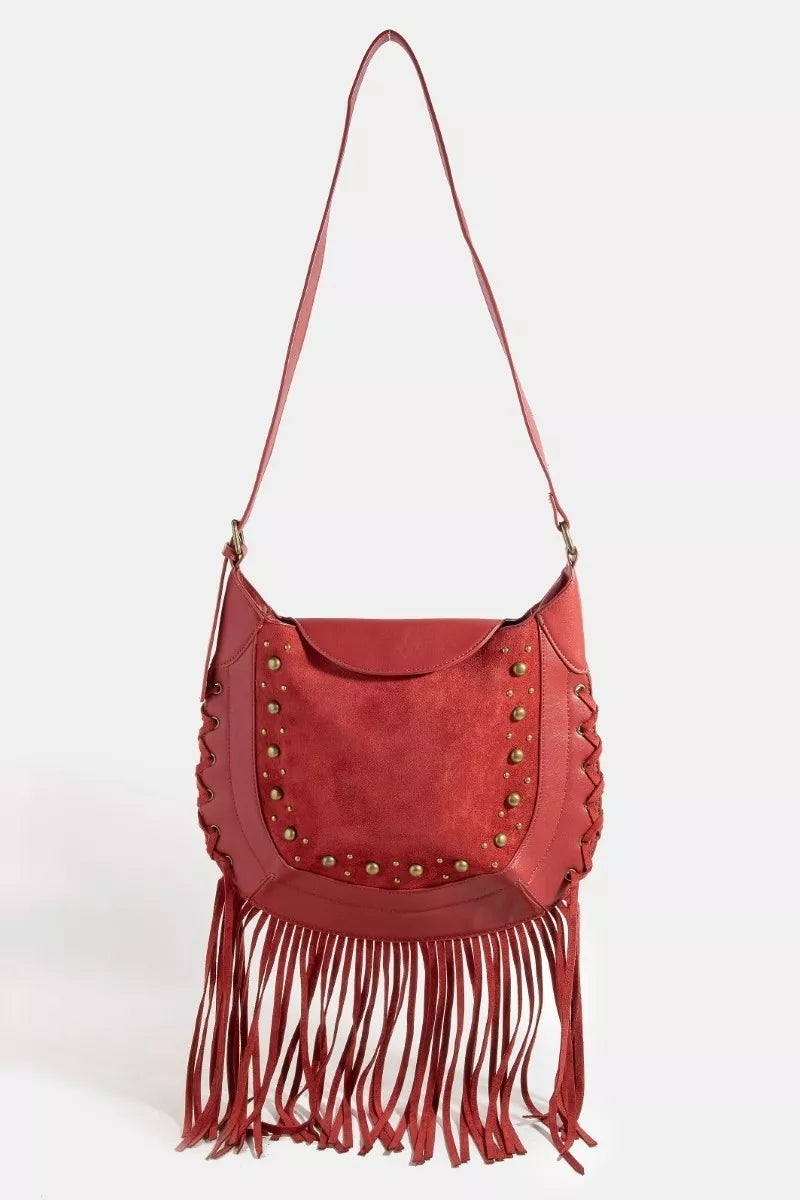 Fame Rivet Trim Suede Fringe Shoulder Bag