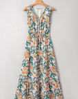 Floral Buttoned V-Neck Tie Waist Maxi Dress
