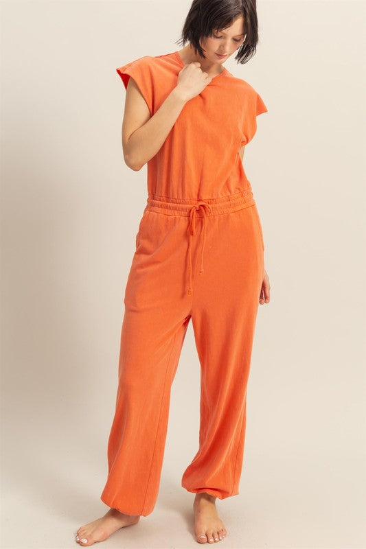 HYFVE Back Keyhole Round Neck Cap Sleeve Drawstring Jumpsuit