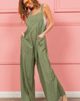 BiBi Ruched Wide Leg Overalls with Pockets