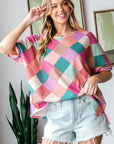 HOPELY Full Size Multi Colored Argyle Side Slit T-Shirt