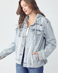 RISEN Full Size Distressed Drawstring Hooded Denim Jacket