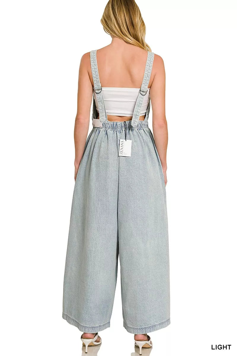 Zenana Denim Light Washed Wide Leg Overalls