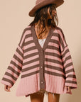 BiBi Slit Striped V-Neck Button Up Cardigan