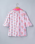 Floral Collared V-Neck Ruffle 3/4 Sleeve Shirt