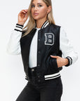 Love Me Now PU Leather Contrast Snap Down Bomber Jacket