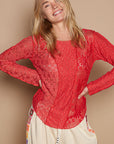 POL Exposed Seam Long Sleeve Lace Knit Top