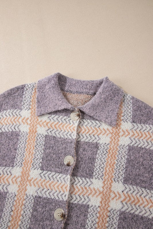 Plaid Button-Up Collared Fuzzy Cardigan
