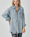 RISEN Distressed Raw Hem Denim Shirt