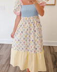 Floral Stripe Colorblock Square Neck Shirred Dress
