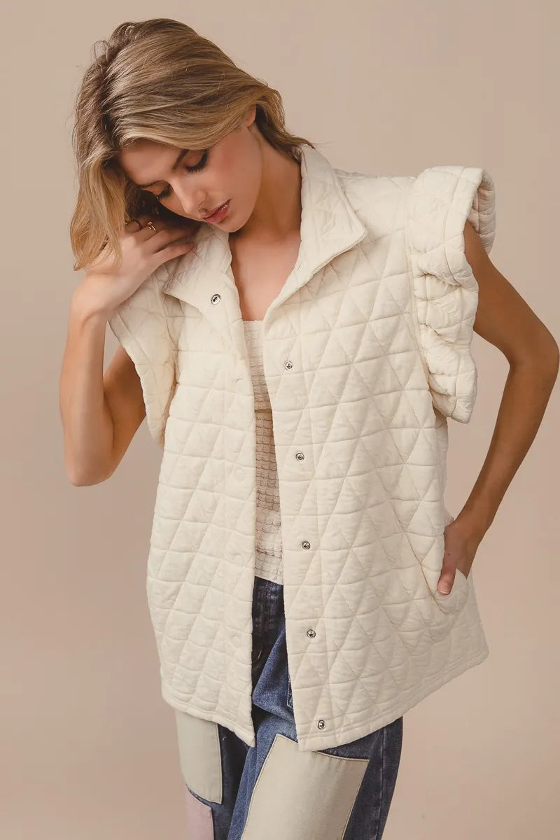 BiBi Quilting Knit Ruffle Sleeve Vest in Oatmeal