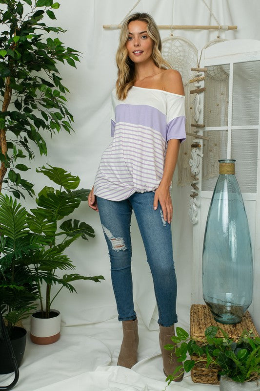 e Luna Solid Stripe Mix One Shoulder Top