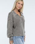 ZENANA Washed Collared Henley Sweater