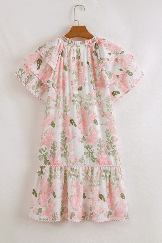 Floral V-Neck Layered Short Sleeve Mini Dress