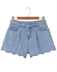 Solid Denim Scalloped Trim High Waist Shorts
