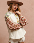 BiBi Floral Notched Plaid Balloon Sleeve Top