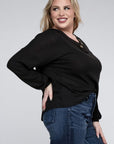 Zenana Plus Brushed Waffle V-Neck Button Detail Sweater