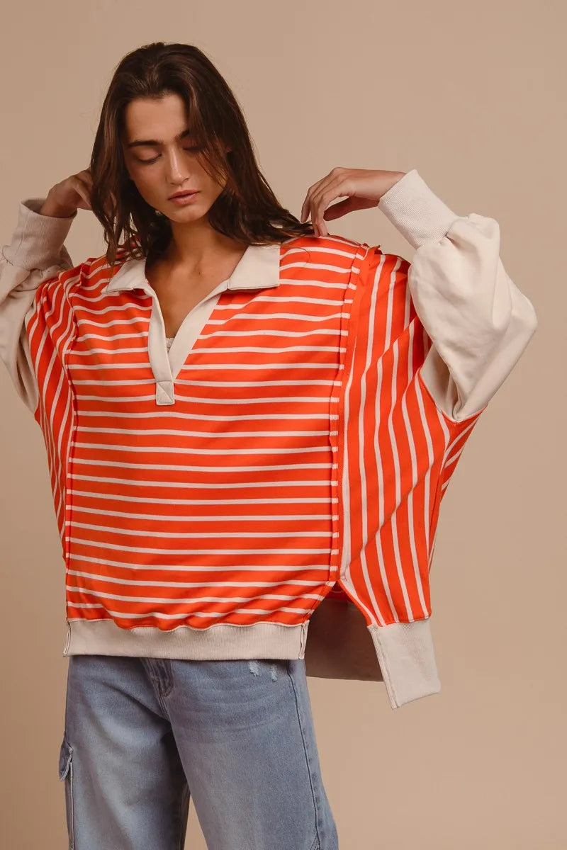 BiBi Stripe Knit Loose Fit Top With Cut Edge Detail in Orange
