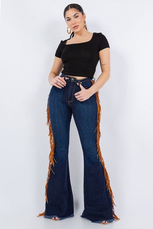 GJG Denim Fringe Bell Bottom in Dark Blue