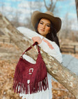 Western Buckle Faux Suede Fringe Bag