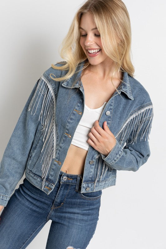 Cropped Denim Jacket with Rhinestone Fringe