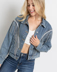 Cropped Denim Jacket with Rhinestone Fringe