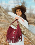 Western Buckle Faux Suede Fringe Bag