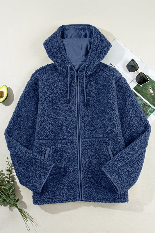 Fleece Zip-Up Drawstring Pocketed Hooded Jacket