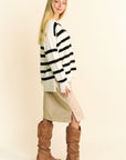 Davi & Dani High-Low Side Slit Striped Johnny Collar Sweater