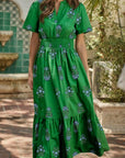 Floral Split Neck Shirred High Waist Maxi Dress