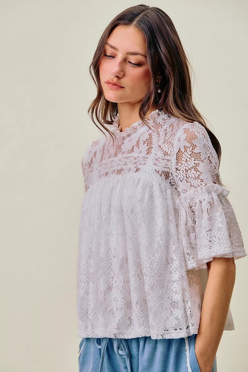 SO ME Lace Ruffled Short Sleeves Swing Top