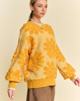 Davi & Dani Flower Texture Round Neck Dropped Shoulder Sweater