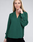 Zenana Woven Airflow V-Neck Long Sleeve Top