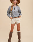 Annie Wear Half Button Ribbed Hem Sweater