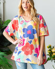 HOPELY Full Size Floral V-Neck Side Slit T-Shirt