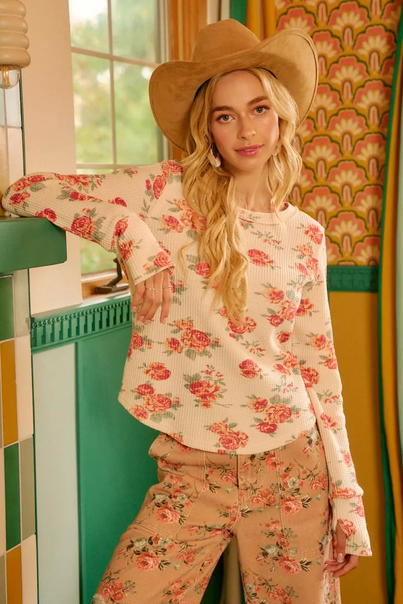 BiBi Floral Print Washed Waffle Thermal Top With Thumb