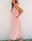 Solid V-Neck Flutter Sleeve Ruffle Maxi Dress