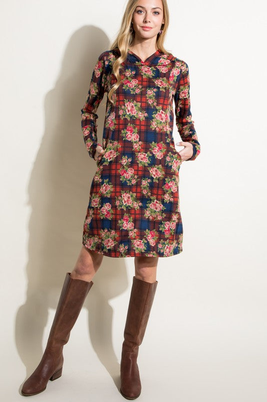 e Luna Floral and Plaid Print Sweatshirt Mini Dress