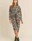 Mable Plaid Flannel Front Tie Button Down Shirt Dress