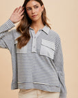 Annie Wear Striped Button Detail Long Sleeve Polo Top