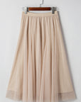 Solid Tulle Mesh Overlay Flared Midi Skirt