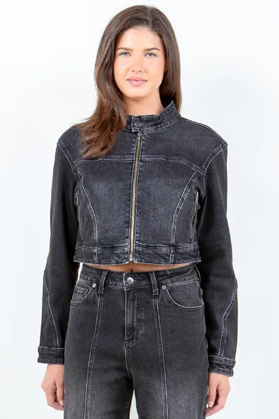 American Bazi Zip Up Cropped Denim Rider Jacket