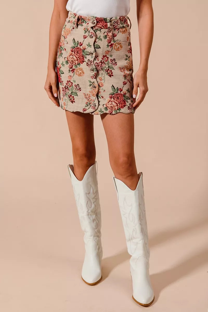 SO ME Floral Jacquard Button Front Mini Skirt with Scall