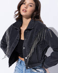 Cropped Denim Jacket with Rhinestone Fringe