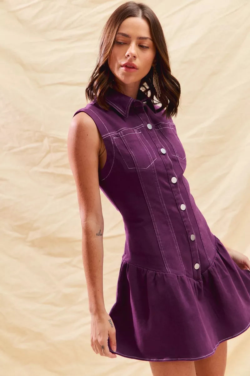 SO ME Button Down Sleeveless Collared Game Day Mini Dress