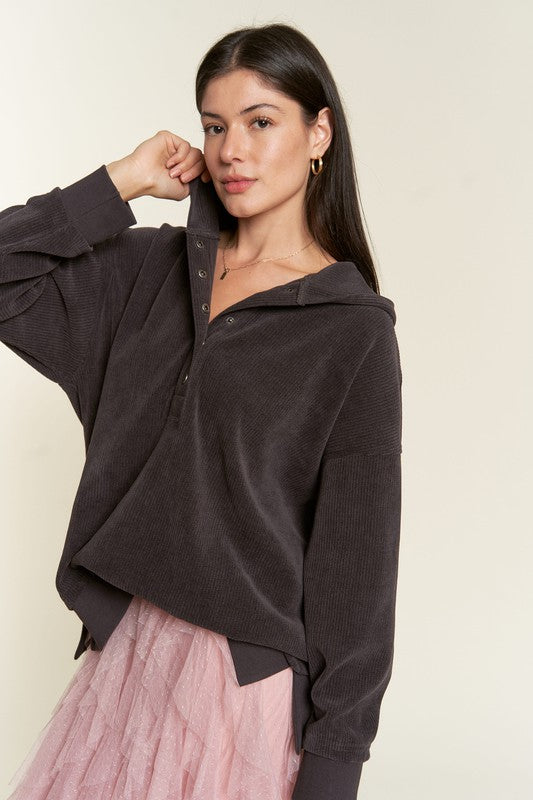 Jade By Jane Long Sleeve Button Down Ribbed Hooded Sweatshirt