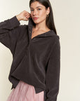 Jade By Jane Long Sleeve Button Down Ribbed Hooded Sweatshirt