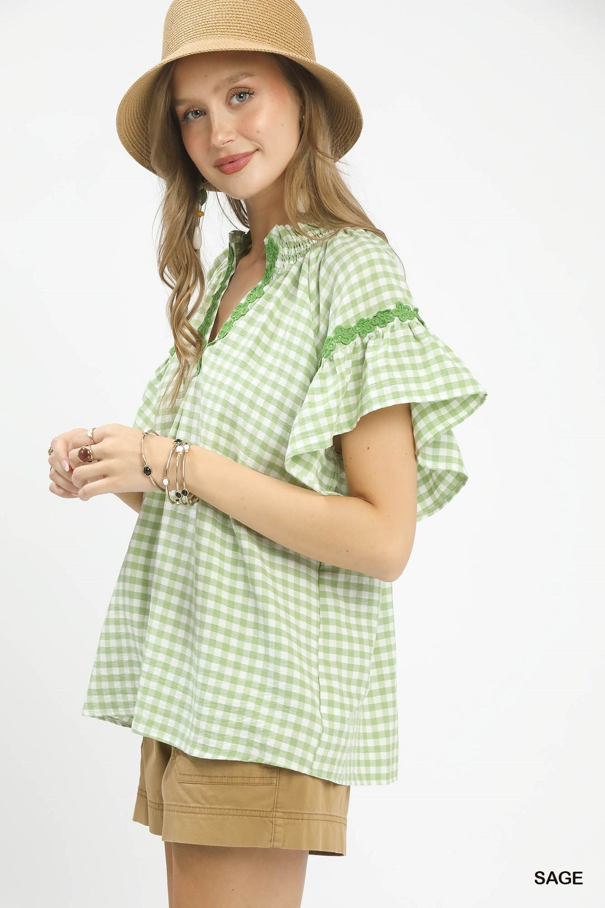Umgee Gingham Lace Trim Top in Sage